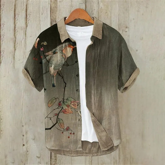 KingsTailor™ Vintage Bird Nature Linen Blend Shirt for Men – Artistic Casual Short Sleeve Button-Up