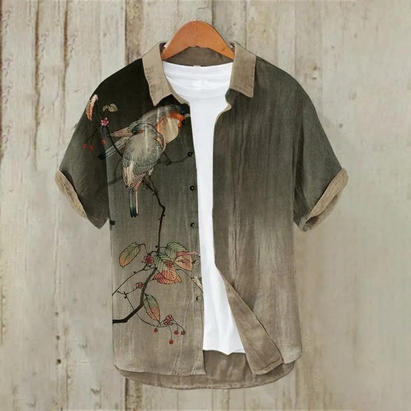 KingsTailor™ Vintage Bird Nature Linen Blend Shirt for Men – Artistic Casual Short Sleeve Button-Up