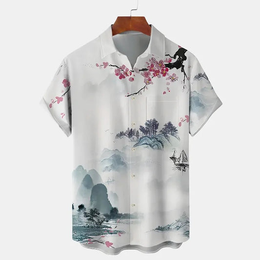 KingsTailor™ Japanese Sakura Landscape Art Shirt for Men – Vintage White Casual Short Sleeve Button-Up