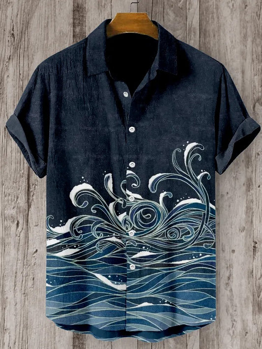 KingsTailor™ Japanese Ocean Wave Print Shirt for Men – Vintage Navy Blue Casual Short Sleeve Button-Up