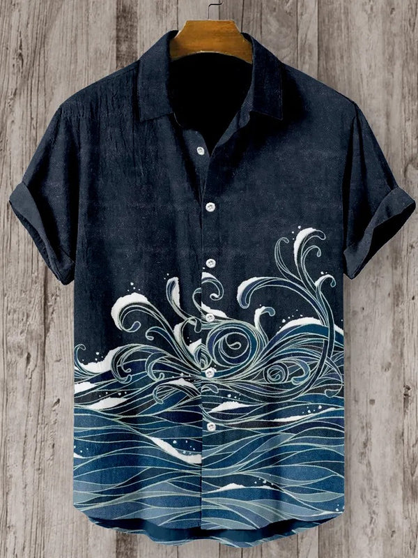 KingsTailor™ Japanese Ocean Wave Print Shirt for Men – Vintage Navy Blue Casual Short Sleeve Button-Up