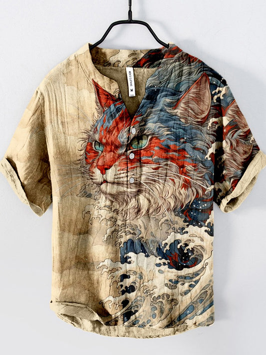 KingsTailor™ Japanese Samurai Cat Wave Art Shirt for Men – Vintage Anime Style Casual Short Sleeve Henley