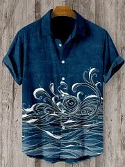 KingsTailor™ Japanese Ocean Wave Print Shirt for Men – Vintage Navy Blue Casual Short Sleeve Button-Up