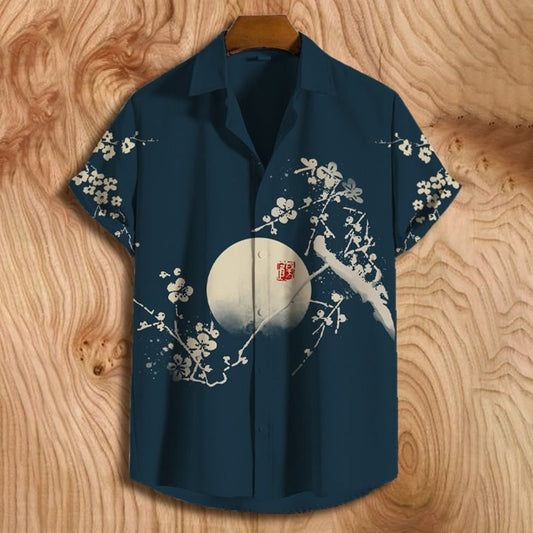 KingsTailor™ Japanese Moon Sakura Print Shirt for Men – Vintage Navy Blue Casual Short Sleeve Button-Up