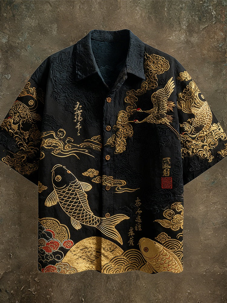 KingsTailor™ Golden Koi Crane Japanese Art Shirt for Men – Vintage Black Linen Blend Casual Button-Up