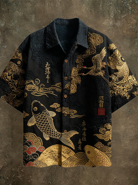 KingsTailor™ Golden Koi Crane Japanese Art Shirt for Men – Vintage Black Linen Blend Casual Button-Up