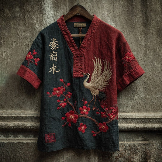 KingsTailor™ Japanese Crane Blossom Embroidered Shirt for Men – Vintage Black Red Casual Short Sleeve Henley