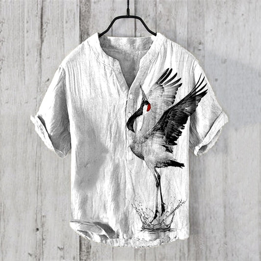 KingsTailor™ Japanese Crane Linen Blend Henley Shirt for Men – Vintage White Casual Short Sleeve Summer Top