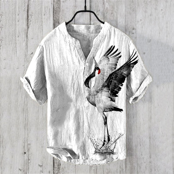 KingsTailor™ Japanese Crane Linen Blend Henley Shirt for Men – Vintage White Casual Short Sleeve Summer Top