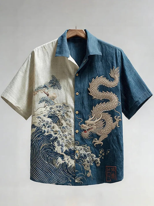 KingsTailor™ Japanese Dragon & Ocean Wave Linen Blend Shirt for Men – Vintage Art Printed Button-Up Hawaiian Casual Shirt