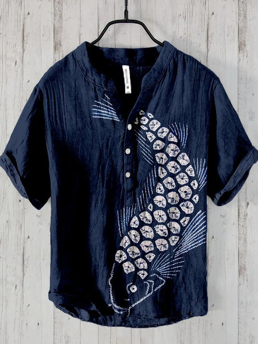 KingsTailor™ Japanese Koi Fish Henley Shirt for Men – Vintage Navy Blue Casual Short Sleeve Summer Top