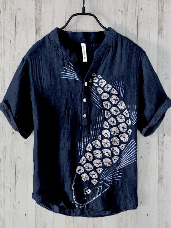 KingsTailor™ Japanese Koi Fish Henley Shirt for Men – Vintage Navy Blue Casual Short Sleeve Summer Top