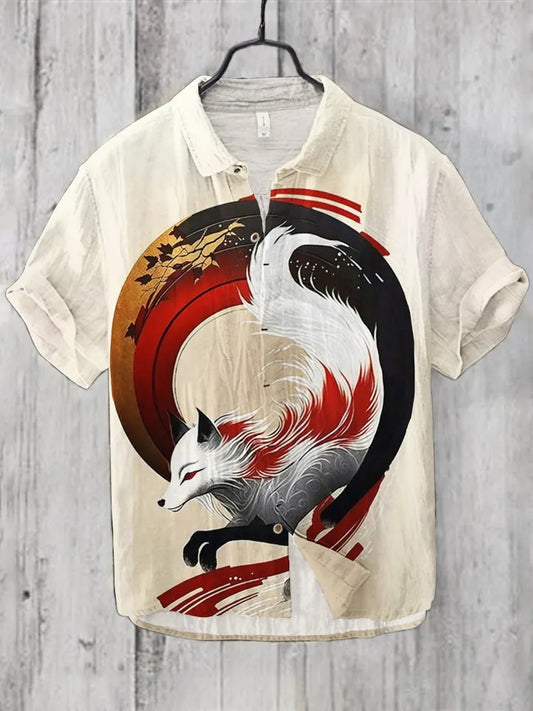 KingsTailor™ Japanese Fox Spirit Art Shirt for Men – Vintage White Casual Short Sleeve Button-Up