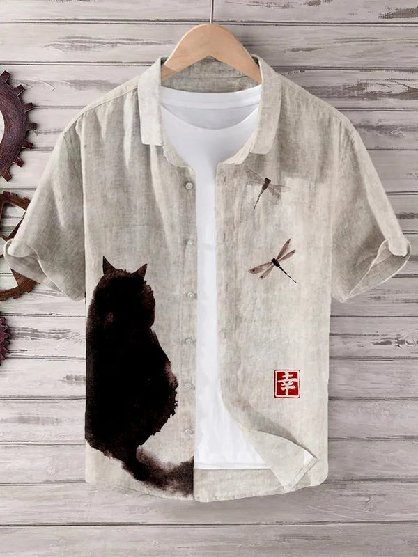 KingsTailor™ Japanese Black Cat Linen Blend Shirt for Men – Vintage Minimalist Casual Short Sleeve Button-Up