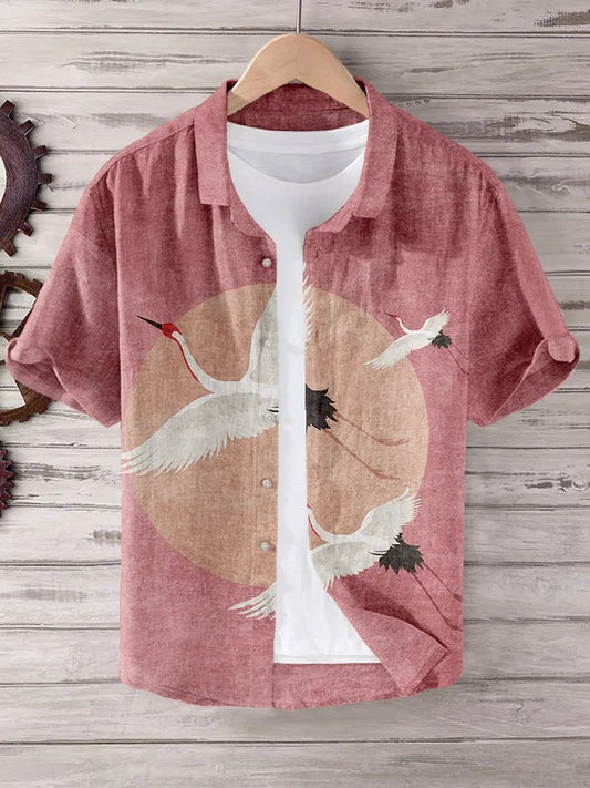 KingsTailor™ Japanese Crane Art Linen Blend Shirt for Men – Vintage Pink Casual Short Sleeve Button-Up
