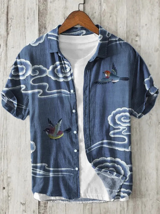 KingsTailor™ Japanese Cloud Bird Art Shirt for Men – Vintage Blue Casual Short Sleeve Button-Up