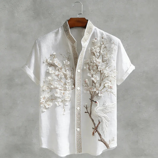 KingsTailor™ Embroidered Crane Blossom Linen Blend Shirt for Men – Japanese Vintage Casual Short Sleeve Button-Up