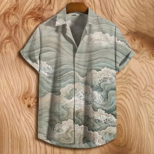 KingsTailor™ Japanese Ocean Wave Art Shirt for Men – Vintage Minimalist Casual Short Sleeve Button-Up
