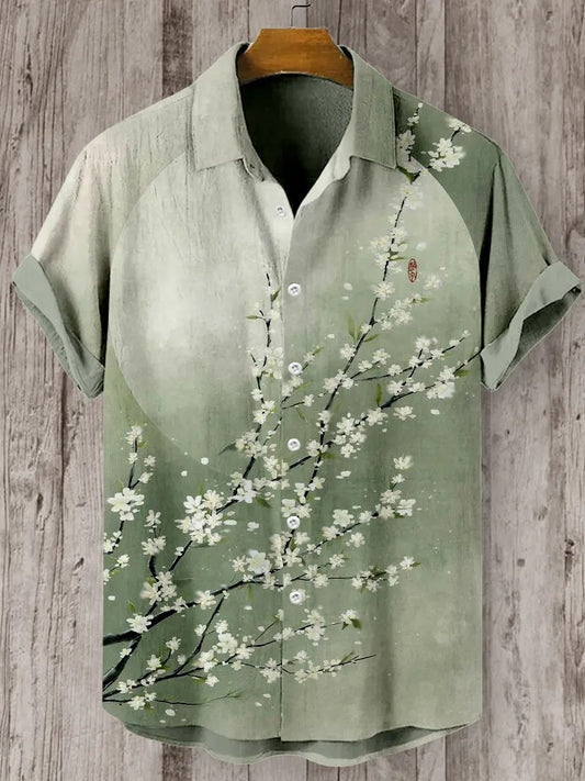 KingsTailor™ Japanese Sakura Blossom Shirt for Men – Vintage Sage Green Casual Short Sleeve Button-Up