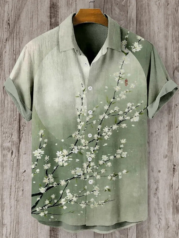 KingsTailor™ Japanese Sakura Blossom Shirt for Men – Vintage Sage Green Casual Short Sleeve Button-Up