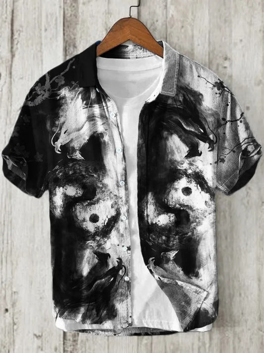 KingsTailor™ Yin Yang Dragon Art Shirt for Men – Vintage Black White Japanese Casual Short Sleeve Button-Up