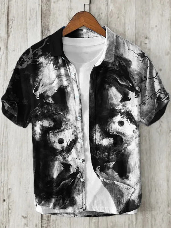 KingsTailor™ Yin Yang Dragon Art Shirt for Men – Vintage Black White Japanese Casual Short Sleeve Button-Up