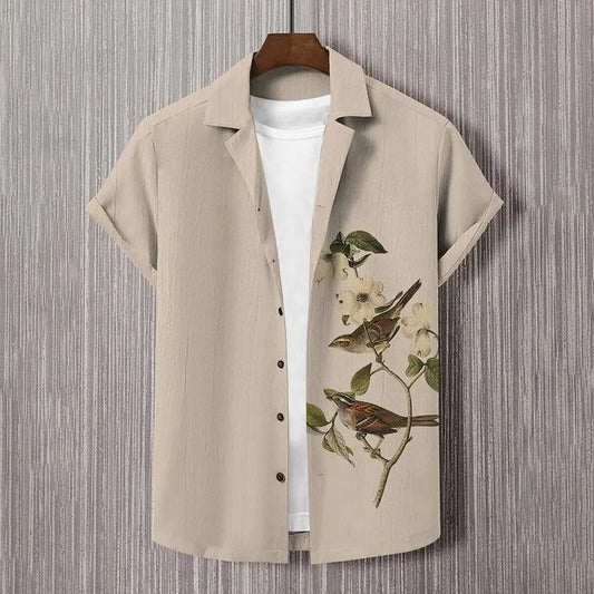 KingsTailor™ Vintage Bird Floral Linen Blend Shirt for Men – Minimalist Casual Short Sleeve Button-Up